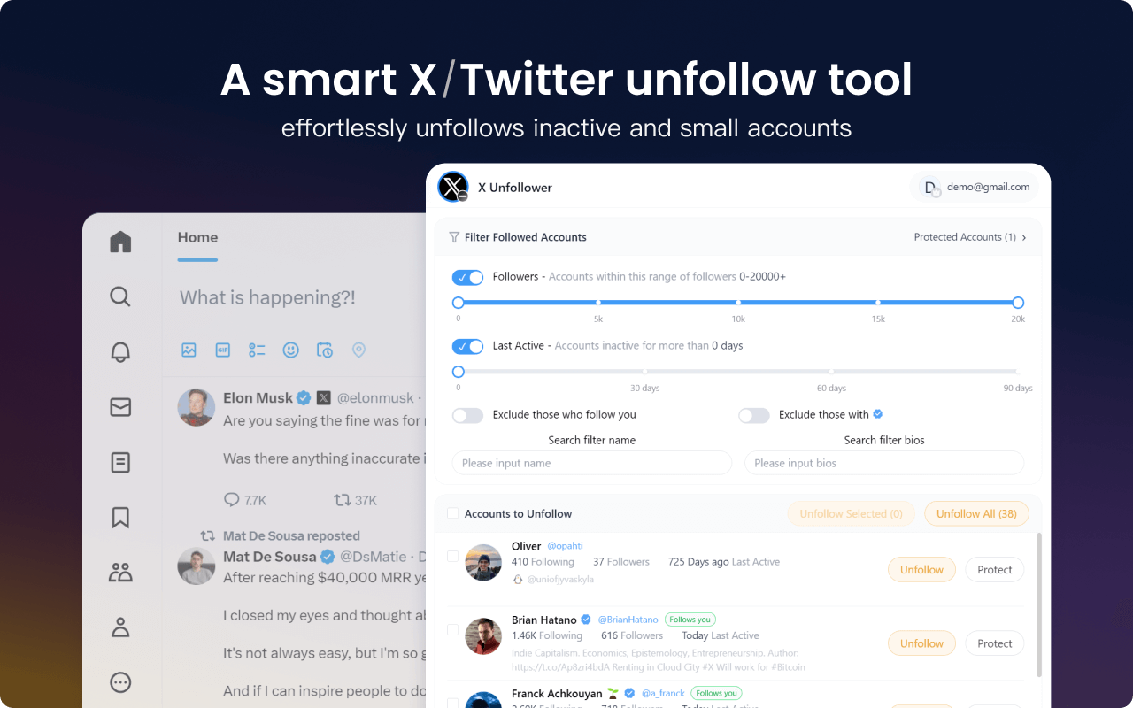 X Unfollower filter and account review interface